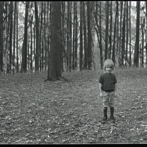 Image similar to kid looking at camera in forest at night, far away from camera, 70s photo, out of focus, motion blur, cctv footage