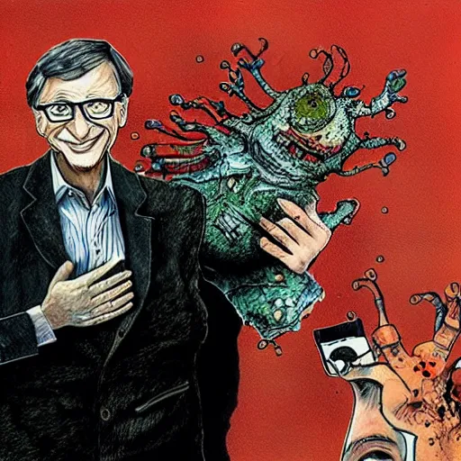 Image similar to bill gates holding a vaccine in his hand, Body horror, by Ralph Steadman