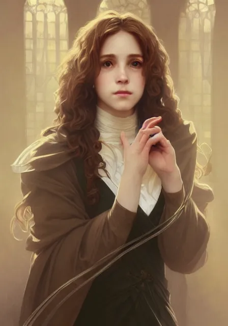 Image similar to hermione, intricate, elegant, highly detailed, digital painting, artstation, concept art, smooth, sharp focus, illustration, art by artgerm and greg rutkowski and alphonse mucha and william - adolphe bouguereau