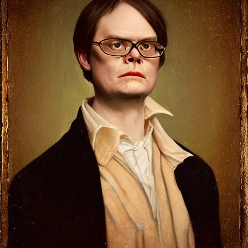 Prompt: portrait of dwight schrute at a halloween party, as painted by augustus edwin mulready and hendrik kerstens