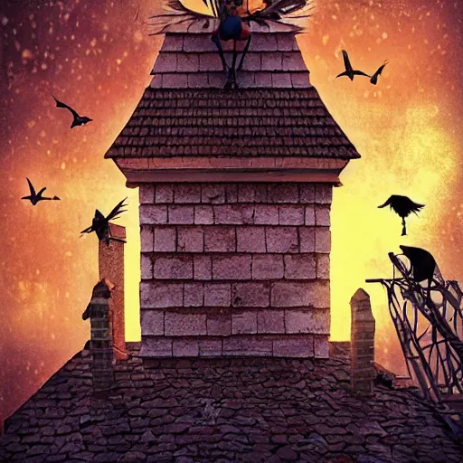 Image similar to A clown on the roof of the church playing with crows, by Android Jones and M. C. Escher collaboration, futurist, digital art, dramatic lighting, symbolic