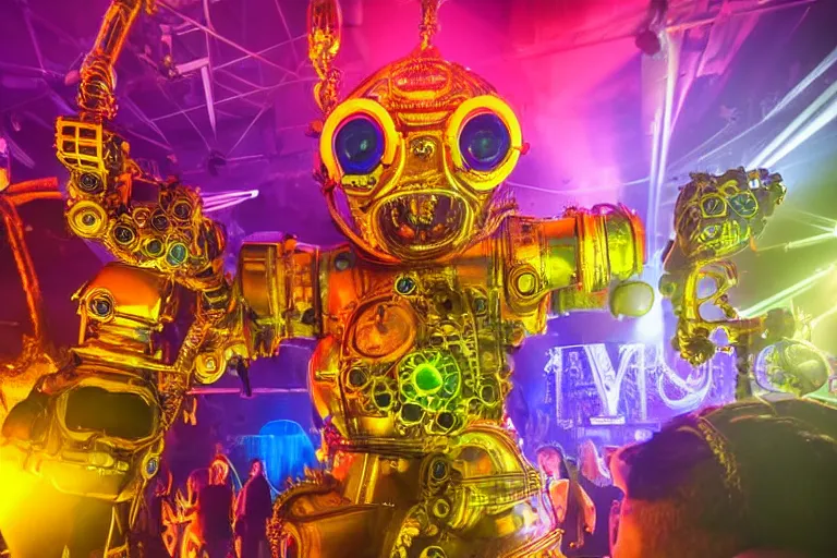 Image similar to scene is elrow party in amnesia ibiza, portrait photo of a giant huge golden and blue metal steampunk robot, with gears and tubes, eyes are glowing red lightbulbs, shiny crisp finish, 3 d render, 8 k, insaneley detailed, fluorescent colors, haluzinogetic, background is multicolored lasershow