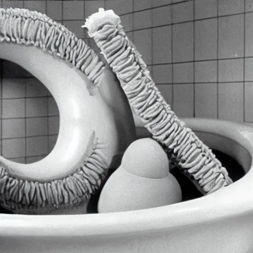 Prompt: an anthropomorphic intestine in a bathtub, live-action children's television show, 1974, technicolor