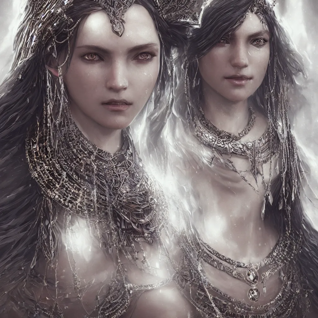 Prompt: portrait highly detailed beautiful symmetrical face high priestess intricate elegant detailed crystal jewellery with tribal feathers, volumetric lighting, digital painting, concept art, smooth, sharp focus 3 d, divine realm of gods, realistic cinematic style, octane render, photographic, concept art unreal engine 8 k by greg rutkowski