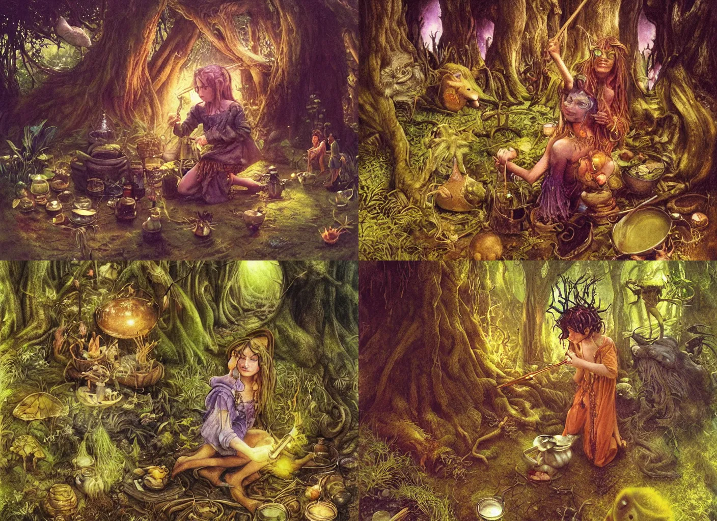 Prompt: a young witch making potions in the middle of the forest surrounded by faeries, goblins and trolls, soft lighting, ultradetailed, realistic, golden hour, by brian froud, beautiful, exotic
