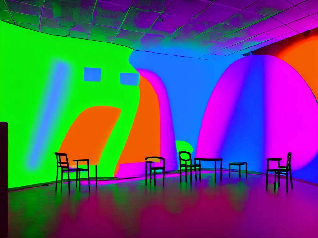 Prompt: room with overlaping curved translucent screens projecting art, large colorful art, pixel perfect image, high contrast, volumetric lighting, tiny neon light, chair, user, pair of keys