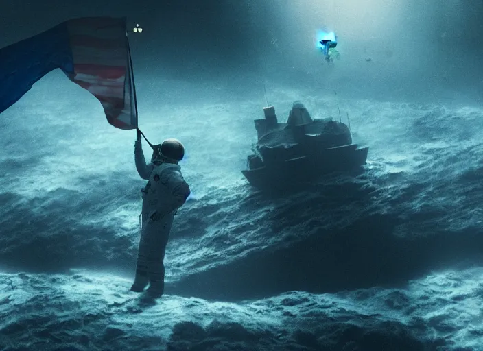 Image similar to astronaut underwater putting a flag on the sand in the bottom of the ocean. in the background, a submarine is visible. dark, concept art, cinematic, dramatic, atmospheric, 8 k, trending on artstation, zack snyder