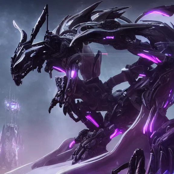 Image similar to extremely detailed cinematic low ground shot of a giant 1000 meter tall beautiful stunning saryn prime female warframe goddess, that's an anthropomorphic hot robot mecha female dragon, silver sharp streamlined armor, detailed head, sharp claws, glowing Purple LED eyes, sitting cutely in the background on top of a mountain, a tiny forest with a village in the foreground, fog rolling in, dragon art, warframe fanart, Destiny fanart, micro art, macro art, giantess art, fantasy, goddess art, furry art, furaffinity, high quality 3D realistic, DeviantArt, Eka's Portal, HD, depth of field