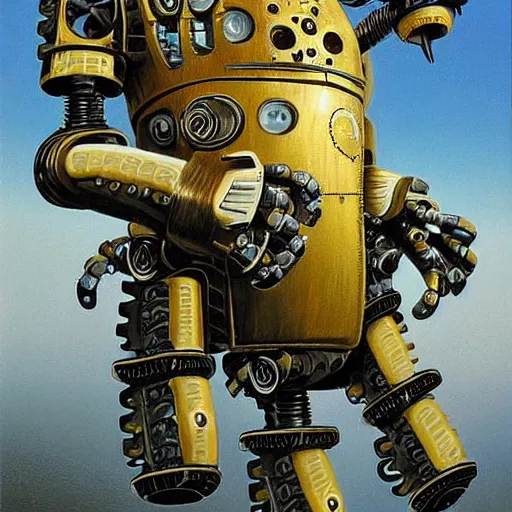 Image similar to a highly detailed retro futuristic robot with gears and other mechanical parts made out of pasta going for a walk outside, a robot made out of pasta, painting by Jim Burns