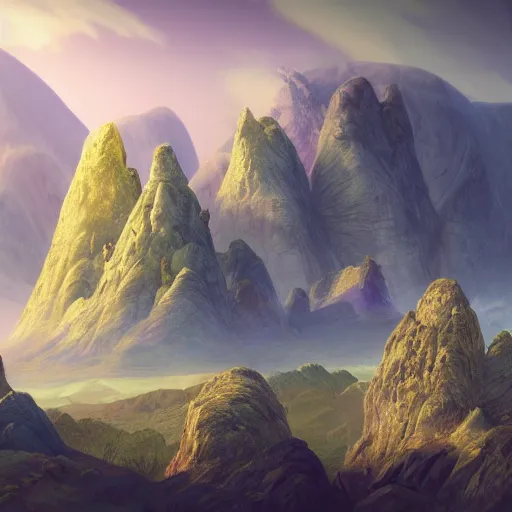 Prompt: The Sci-Fi stone landscape with mountains in the background, fantasy wallpaper, painted, 4k, high detail, sharp focus