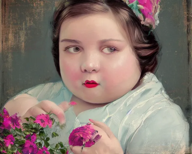 Image similar to very stylized old photo portrait of a fat sweet little girl painting a house on the wall, full body. long shot. beautiful hands, flowery cloth. subsurface scattering shiny skin. beautiful lighting, 4 k post - processing, trending in art station, cg society, highly detailed, 5 k extremely detailed, 3 d. cinematic scene. sharp details. bokeh