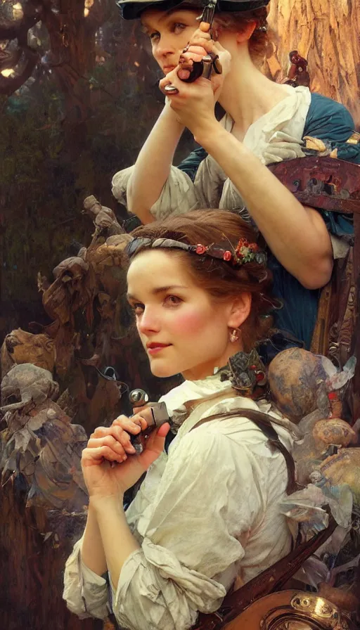 Image similar to hyper realistic photographer looking through camera, magical, painted by james gurney, norman rockwell, tom bagshaw, mucha, gaston bussiere, craig mullins, j. c. leyendecker 8 k