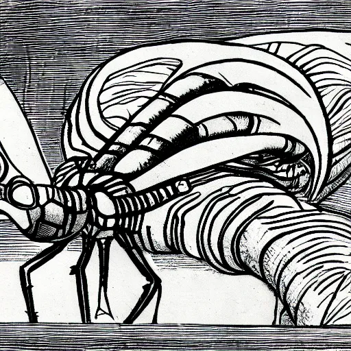 Image similar to drawing of a cyberpunk insectoid underwater alien and its minions, retro technology, leonardo da vinci style