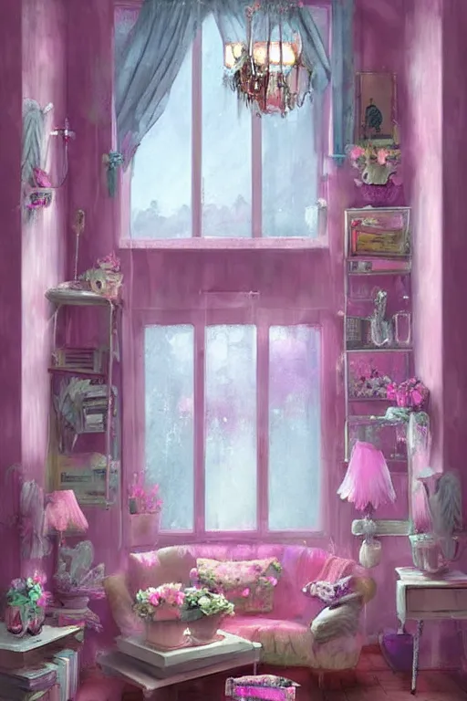 Image similar to matte sharp painting shabby chic room with windows mark rydel, artgerm, lisa frank, artstation behance storybook