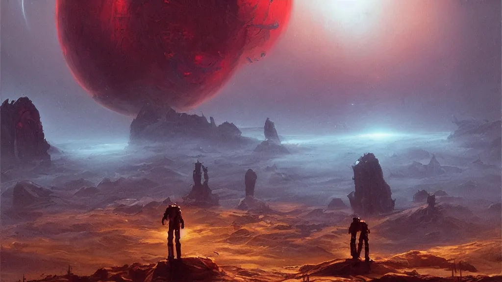 Image similar to eerie atmospheric alien planet by les edwards and vincent di fate and anato finnstark, epic cinematic matte painting