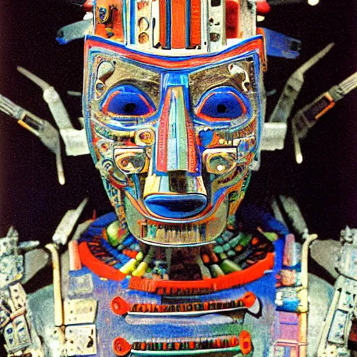 Prompt: A Mayan cyborg, by Nam June Paik, Man Ray, Annie Liebovitz