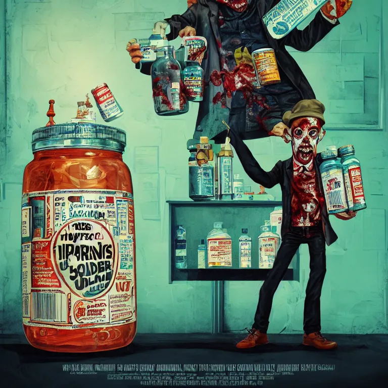 Prompt: hyperdetailed poster painting in a color style of 70's black poster art of an a crazy pharmacist zombie holding a giant jar of pills, epic scale ultrawide angle, 3D rendered, Vray rendered, octane render, unreal engine