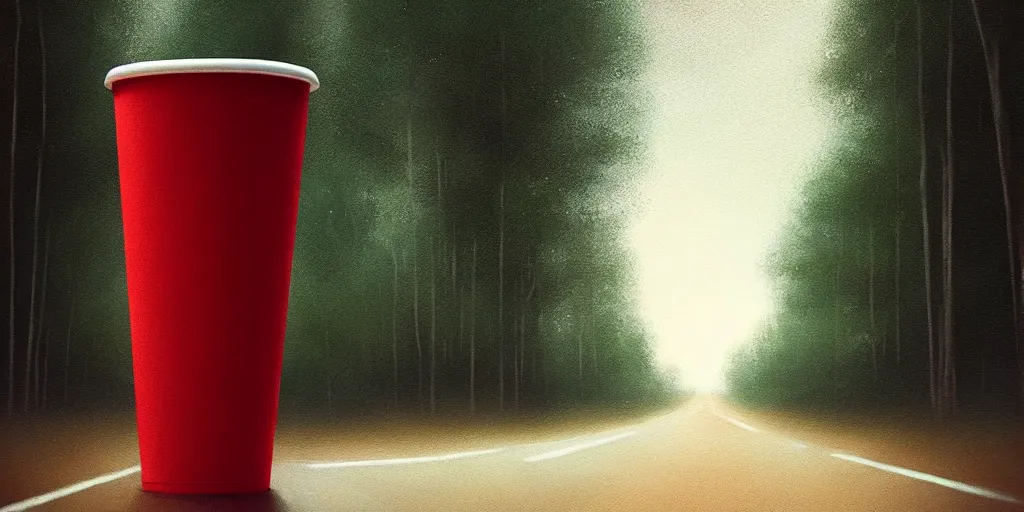 Image similar to paper cup in white red, macro view!!!, standing on empty road!!, natural colors! forest background!!, detailed, dark skies painting by greg rutkowski, beautiful, artstation, octane render, oil painting, sharpness, 8 k, golden ratio