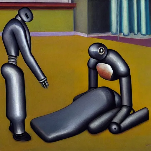 Prompt: robots prostrate jum ah, grant wood, pj crook, edward hopper, oil on canvas