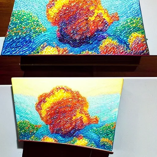 Prompt: a picture of a painting on a wooden table, an airbrush painting by bob ross, pinterest contest winner, kinetic pointillism, made of beads and yarn, acrylic art, detailed painting