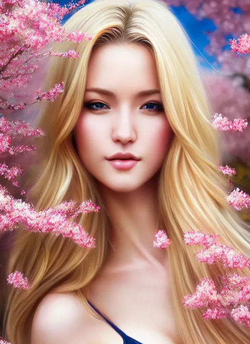 Image similar to photo of a gorgeous blonde female in the style of stefan kostic, realistic, half body shot, sharp focus, 8 k high definition, insanely detailed, intricate, elegant, art by stanley lau and artgerm, extreme blur cherry blossoms background