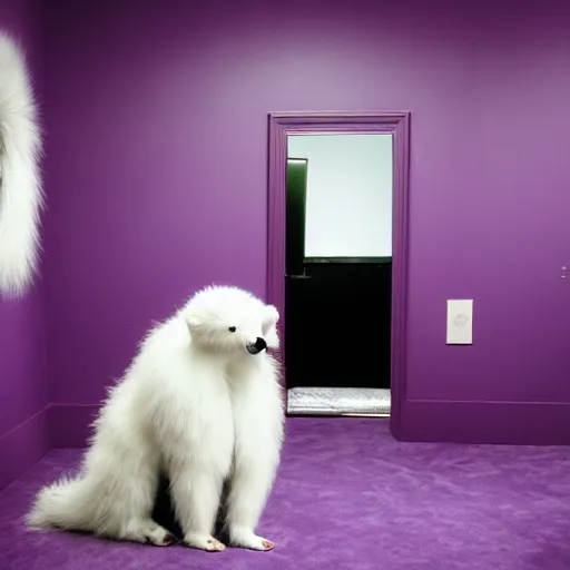 Image similar to a photo of a white fur monster standing in a purple room