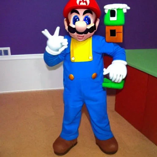 Prompt: a man poorly cosplaying super mario characters