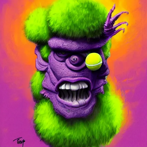 Image similar to a tennis ball monster in a purple pimp coat, digital art, fantasy, magic, chalk, trending on artstation, ultra detailed, professional illustration by basil gogos