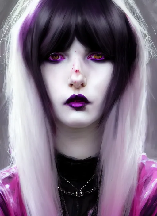 Image similar to portrait of white teenage girl, normal face, white bangs, mall goth, cyberlox, black and white hair, bangs, fluffy bangs, red contact lenses, purple lipstick, intricate, elegant, highly detailed, digital painting, artstation, concept art, sharp focus, smooth, illustration, art by wlop, mars ravelo and greg rutkowski