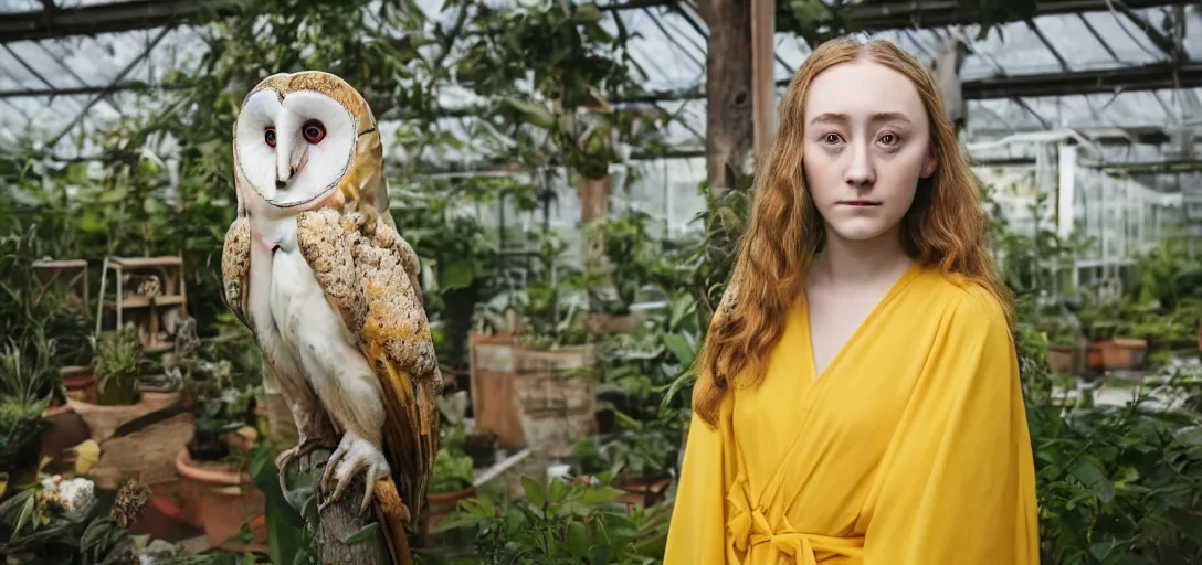 Image similar to A medium format head and shoulders portrait of a young woman that looks like Saoirse Ronan wearing a yellow kimono in a greenhouse, she has a very detailed barn owl on her shoulder, graflex, bokeh