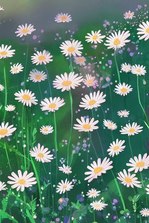 Prompt: beautiful digital matter cinematic painting of whimsical botanical illustration daisies and pearls by greg rutkowki and alena aenami artstation