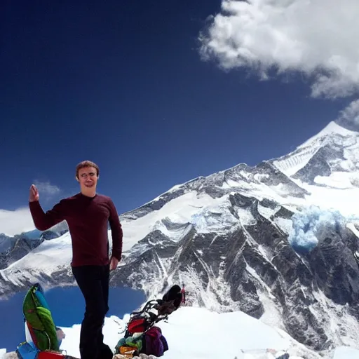 Prompt: Mark Zuckerberg standing on top of Mount Everest