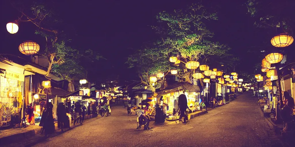 Prompt: “African-Japanese suburb at night. Savannah. There are glowing lanterns. Street view”