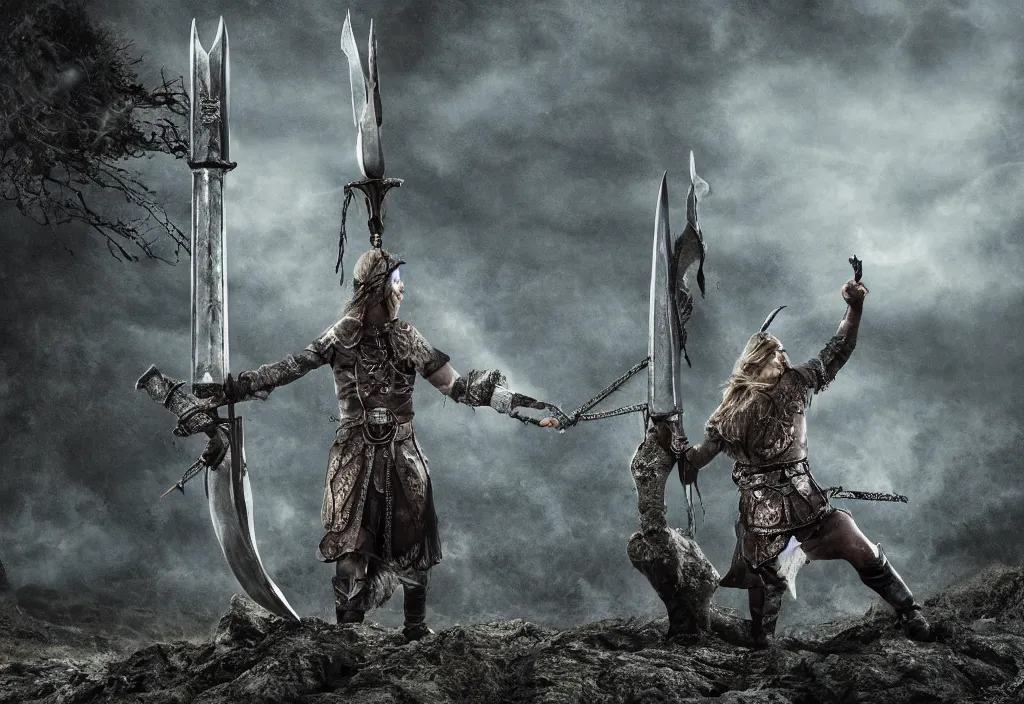 Image similar to viking broadsword stuck in the ground, 4k ultra hd, fantasy dark art