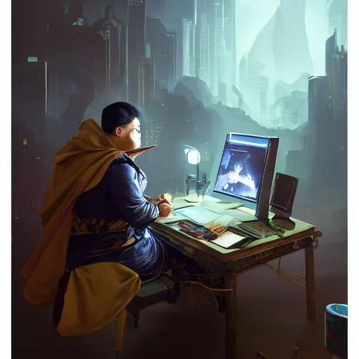 Prompt: a insanely detailed painting of a chubby masked asian man wearing a superhero costume sitting at a desk, staring at the nervously at the computer typing, in the style of peter mohrbacher, dramatic lighting and composition, trending on artstation, concept art, comic book