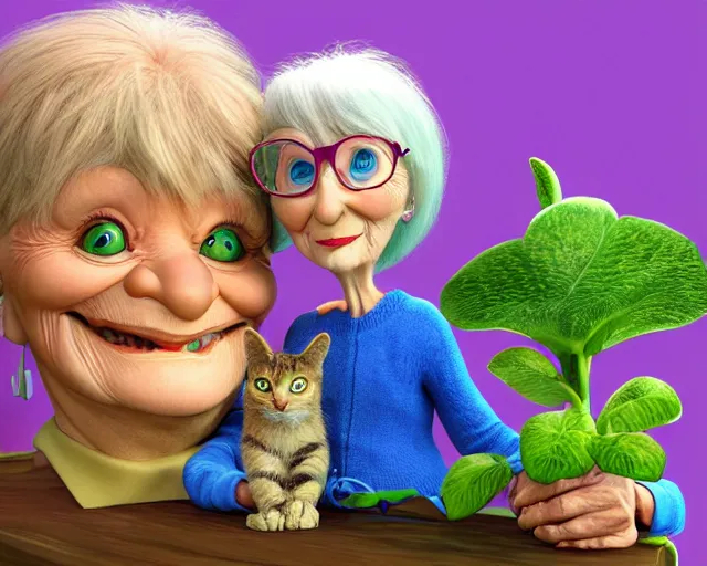 Image similar to detailed cartoon portrait of an old lady and her plant cat, 3d pixar, sharp high quality