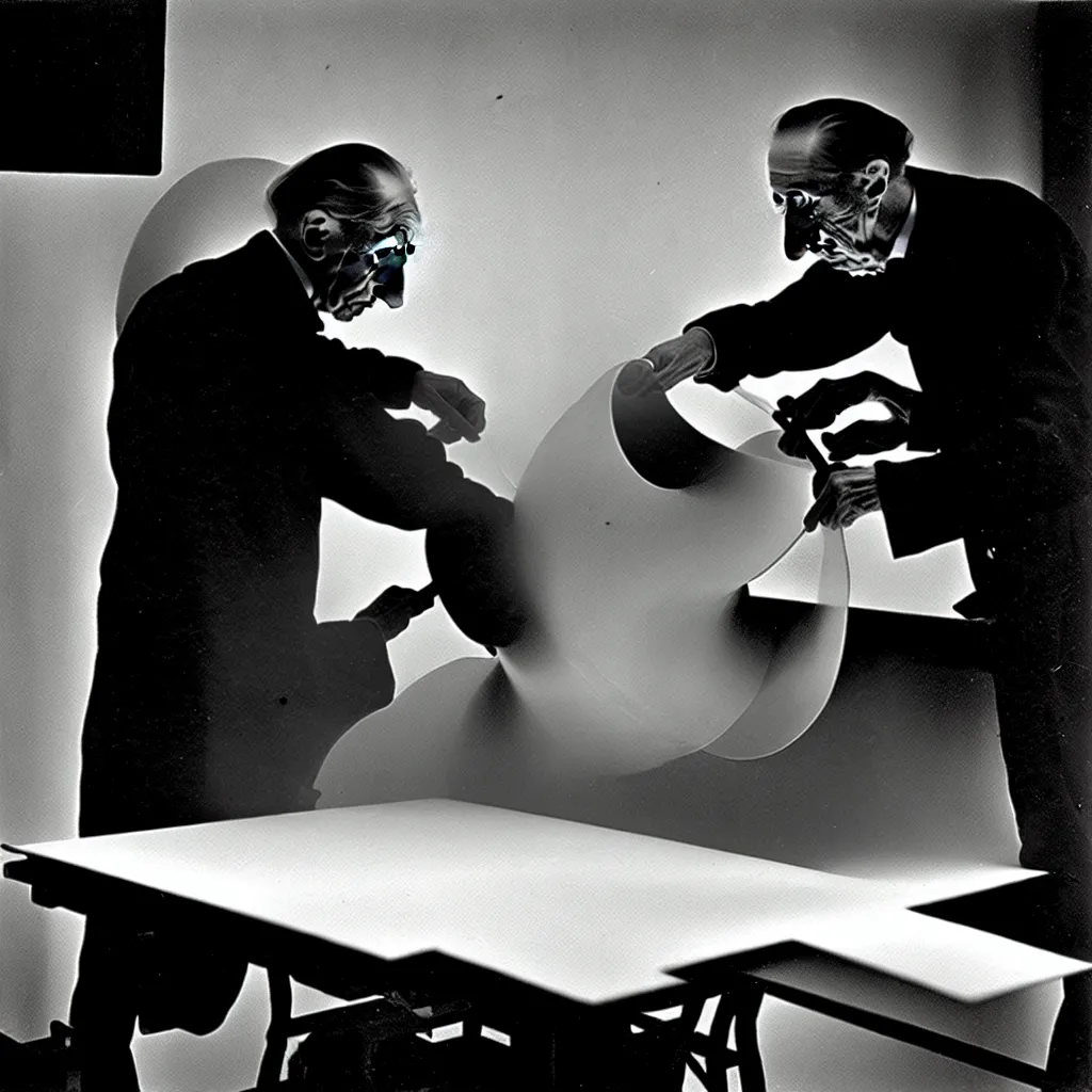 Image similar to a long exposure shot of Marcel Duchamp working on a readymade object, archival pigment print