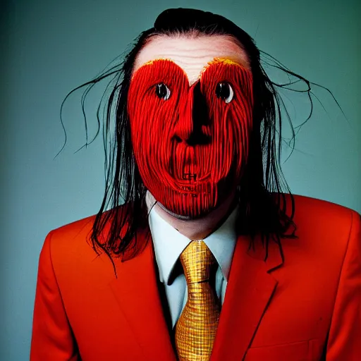 Image similar to spaghetti face man in a suit by john rafman in color, portrait, film photography, direct flash, highly detailed, sharp,