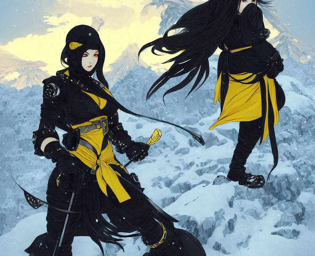 Image similar to portrait ninja gaiden girl, black plus little yellow ninja wardrobe, at snowy fuji mountain sunrise, ssci - fi and fantasy, intricate and very very beautiful, detailed, digital painting, artstation, concept art, smooth and sharp focus, illustration, art by tian zi and wlop and alphonse mucha