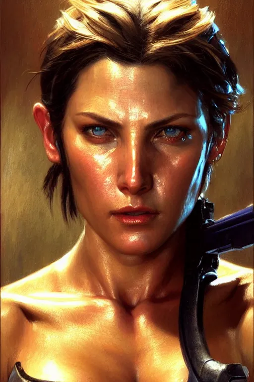 Image similar to muscular sweat, jill valentine as cop, face close up, highly detailed painting by gaston bussiere, craig mullins, j. c. leyendecker 8 k