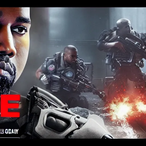Image similar to kanye west as a ghostbuster!!! in ( gears of war battlefield 5 ), splash art, movie still, cinematic lighting, dramatic, octane render, long lens, shallow depth of field, bokeh, anamorphic lens flare, 8 k, hyper detailed, 3 5 mm film grain