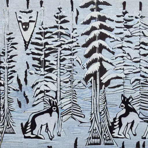 Image similar to haida art depiction of a winter forest with snow and wolves