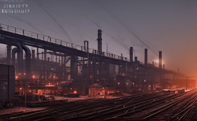 Image similar to photorealistic image of endless industrial factories, conveyor belts, industrial furnaces, cargo trains, heavy machinery. dusk. fog. gritty. 8K. detailed. technical. artstation. 25mm f/1.7 ASPH Lens. ultra realistic