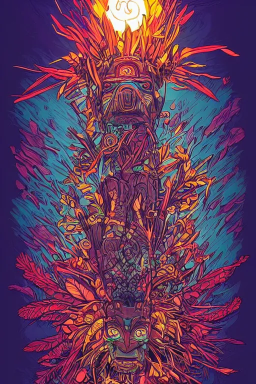 Image similar to totem animal tribal chaman vodoo mask feather gemstone plant wood rock video game illustration vivid color borderlands by josan gonzales and dan mumford radiating a glowing aura