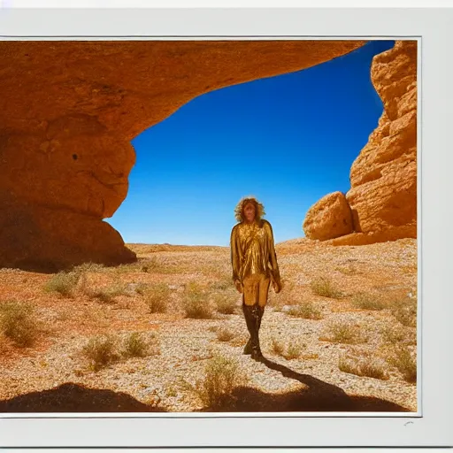 Image similar to mick jagger dressed in golden costume with jewels in a dry rocky desert landscape, visible sky and sunny atmosphere, fata morgana by alejandro jodorowsky, anamorphic lens, kodakchrome, 8 k -