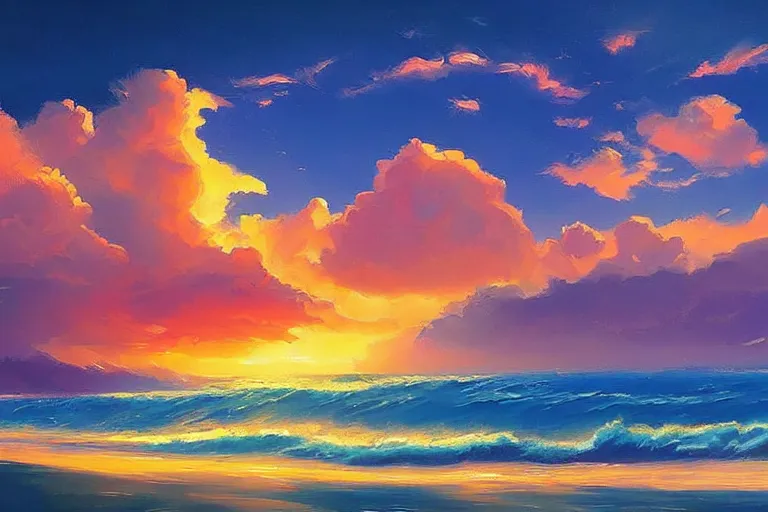 Prompt: a beautiful nature landscape with abstract beautiful clouds, ocean waves, sunset, by rhads