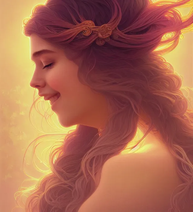 Image similar to symmetry!! portrait of hippie girl smiling, glowing hair!! serene, intricate, elegant, highly detailed, digital painting, artstation, concept art, smooth, sharp focus, illustration, art by artgerm and greg rutkowski and alphonse mucha, 8 k