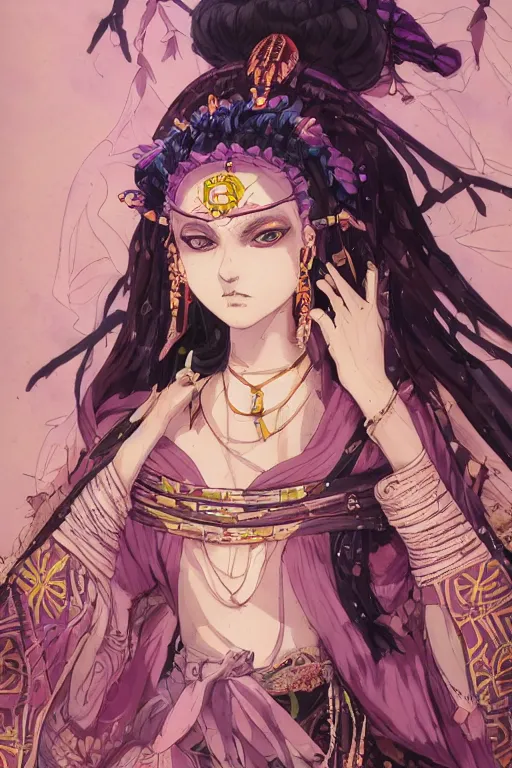 Image similar to tribal priestess, female figure, kimetsu no yaiba, tori, cosmos, galaxy, purple, opalescent ，magical ， symmetrical, dark fantasy, detailed intricate , soft design， atmosphere，by Peter Mohrbacher and Kentaro Miura， high details, artstation, cinematic lighting, epic vibe, epic concept art, photorealistic, environment, volumetric lighting, foggy, super wide angle, ultra wide angle