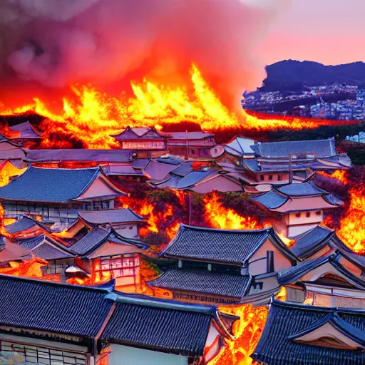 Prompt: japanese town on fire, sunset, 8k, high details, photorealistic, sharp