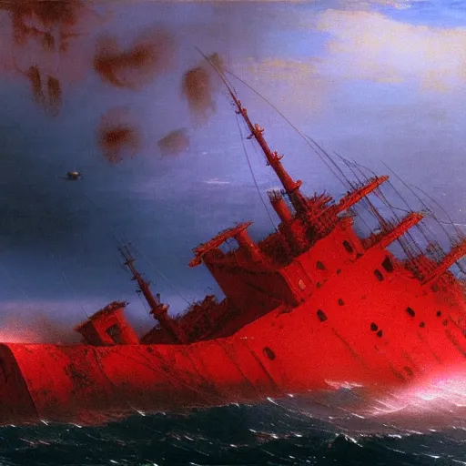 Image similar to bloody ocean, rusted iron ship sinking in red blood ocean, by Ivan Aivazovsky, junji ito, hd 8k